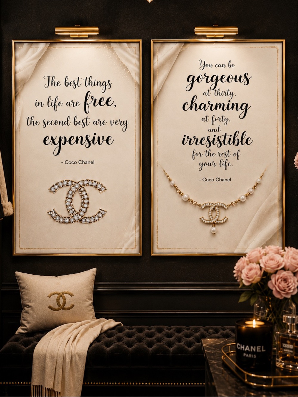 Coco Chanel Typography Quote Wall Art Set of 2 Black Gold White Fashion Prints